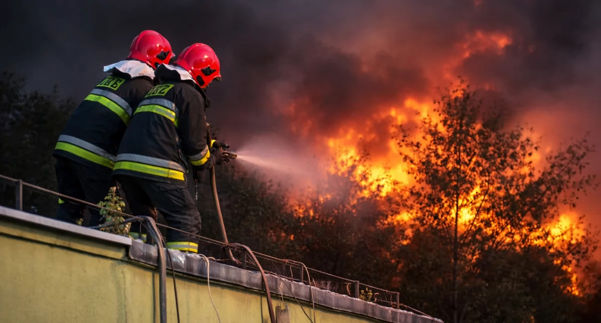 Pożary - Straż Pożarna, Spadli dachu podczas akcji gaśniczej - zdjęcie, fotografia