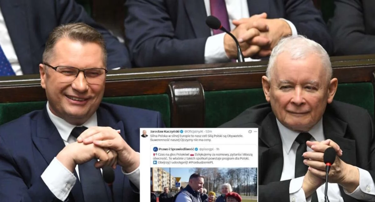 Na zdjęciu prezes PiS Jarosław Kaczyński, kandydat na premiera prof. Przemysław Czarnek oraz wpis prezesa PiS (screen z X) / autor: PAP/Radek Pietruszka/X-Jarosław Kaczyński (screen)